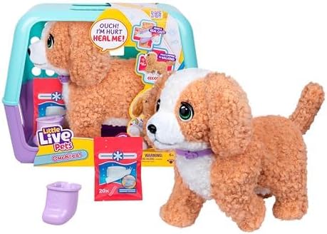 Little Live Pets Ouchies Amazon Exclusive Hazel The Poodle Plush, 50+ Sounds, Limping to Walking Puppy Toy & Carrier, Interactive Toy Dog for Kids 5+