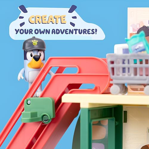 Bluey and Bingo Supermarket Playset with Escalator, Pretend Play Toys for Toddlers, Sounds and 15 Pieces, Grocery Store Playset