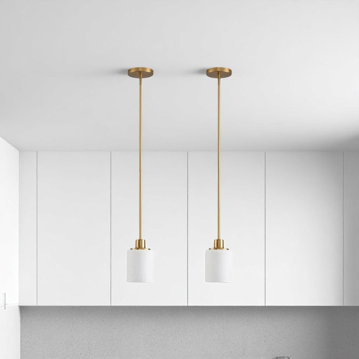 Modern Gold Pendant Lights with Milk Glass Shades - Set of 2