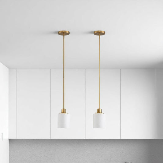 Modern Gold Pendant Lights with Milk Glass Shades - Set of 2