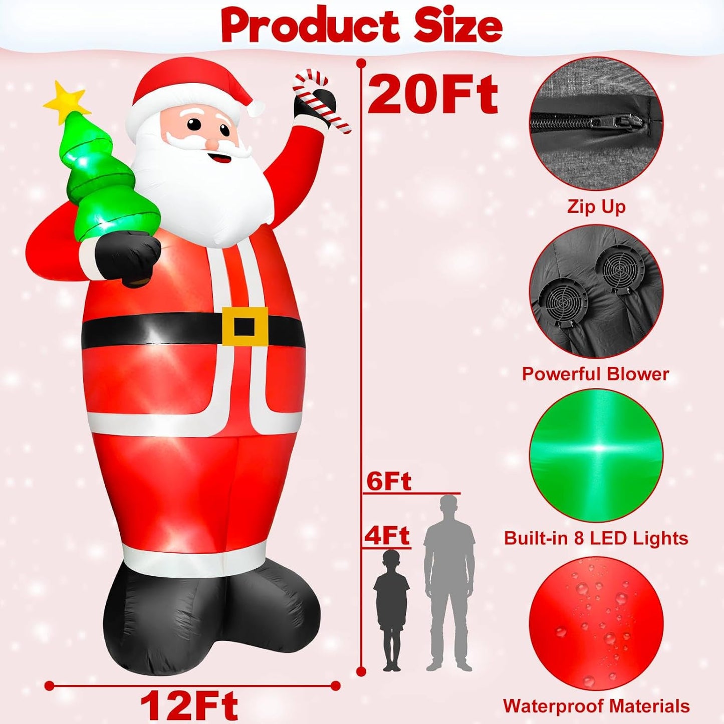 Super Giant 20FT Christmas Inflatable Santa Claus Holding Xmas Tree and Cane, Blow Up Outdoor Christmas Decorations with 8 LED Lights for Yard Lawn Party Holiday Decor