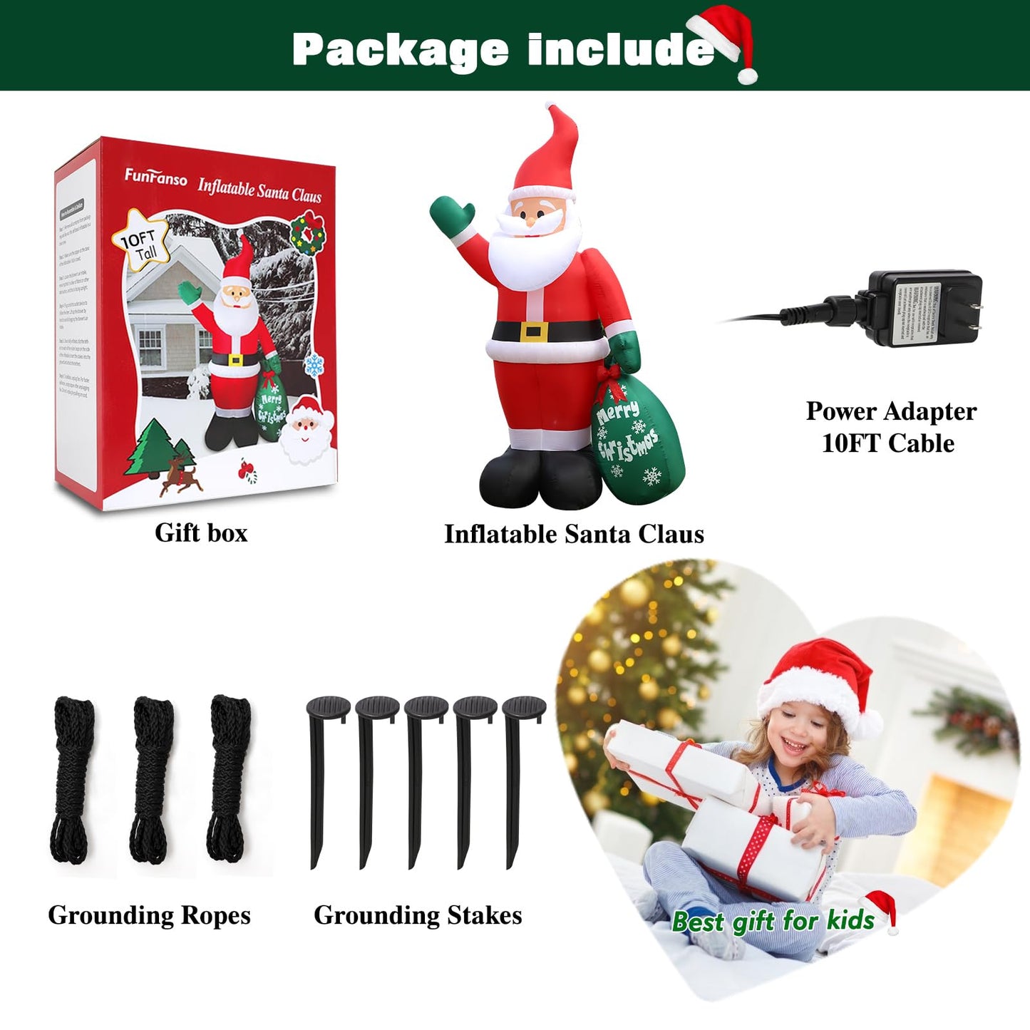 10 FT Christmas Inflatable Santa Claus Outdoor Decor for Yard, Giant Blow up Santa Decoration with Big Gift Bag, Built-in LED Lights for Garden Lawn Home Indoor Winter Holiday Party IP44 Weatherproof