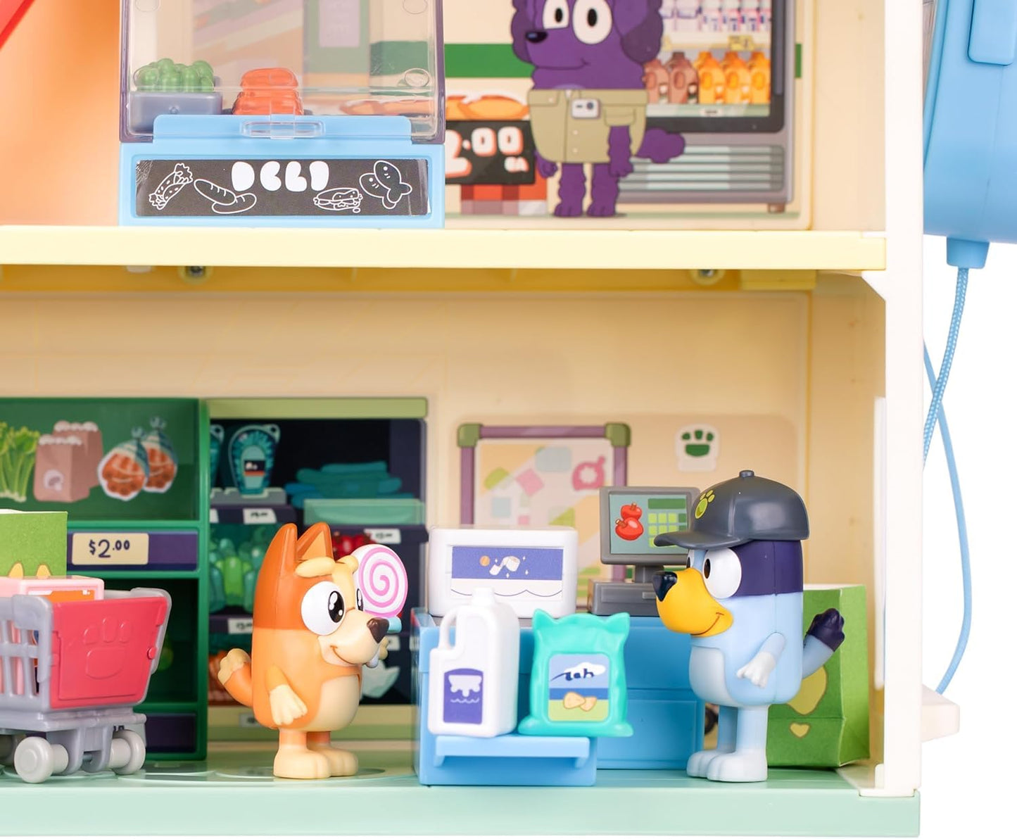 Bluey and Bingo Supermarket Playset with Escalator, Pretend Play Toys for Toddlers, Sounds and 15 Pieces, Grocery Store Playset