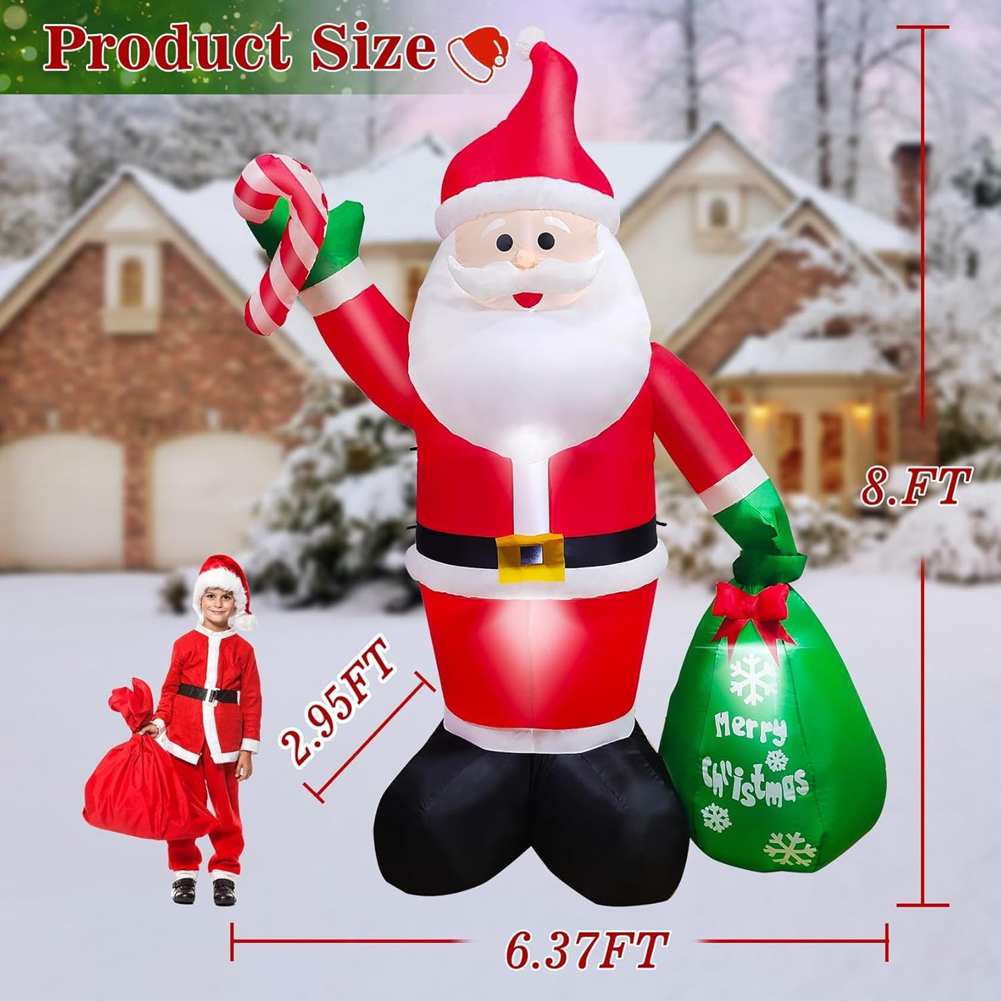 Giant 8ft Santa Claus Inflatable Yard Decoration, Outdoor Christmas Blow Up Figure with LED Lights for Holiday Lawn Decor