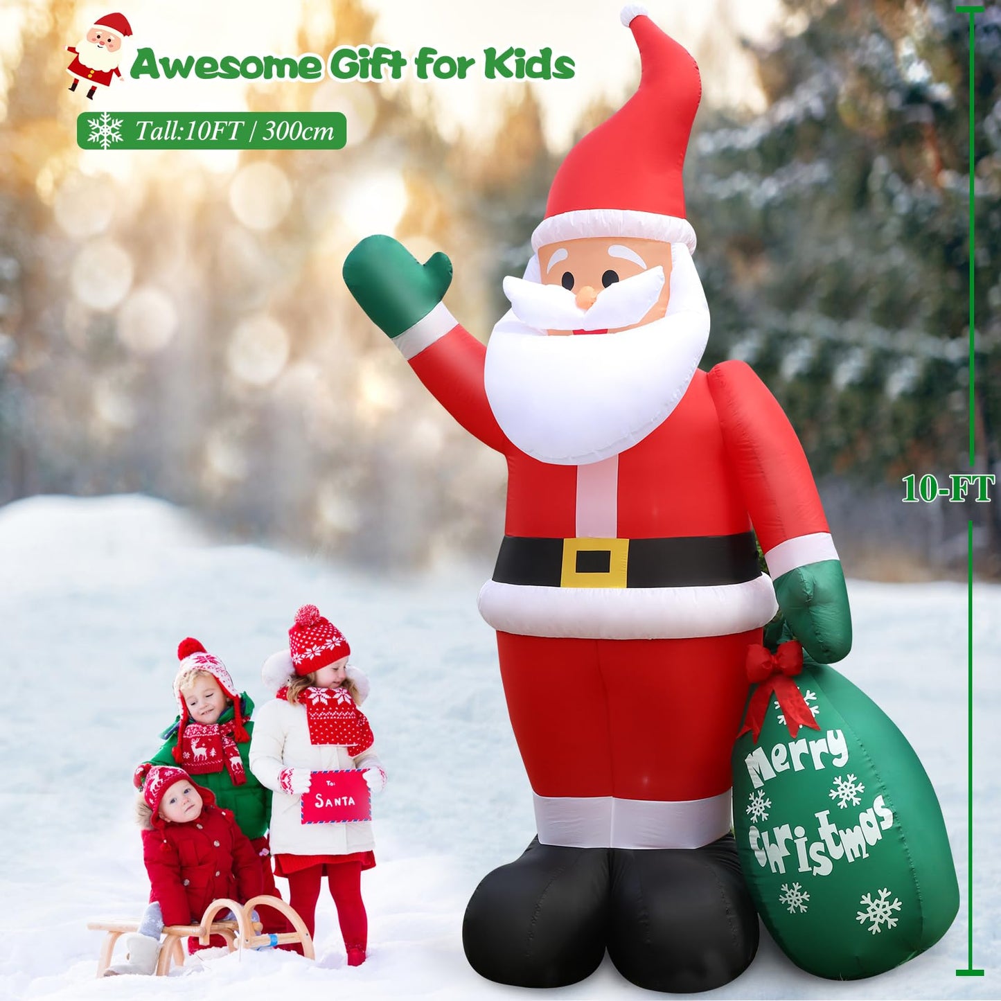 10 FT Christmas Inflatable Santa Claus Outdoor Decor for Yard, Giant Blow up Santa Decoration with Big Gift Bag, Built-in LED Lights for Garden Lawn Home Indoor Winter Holiday Party IP44 Weatherproof