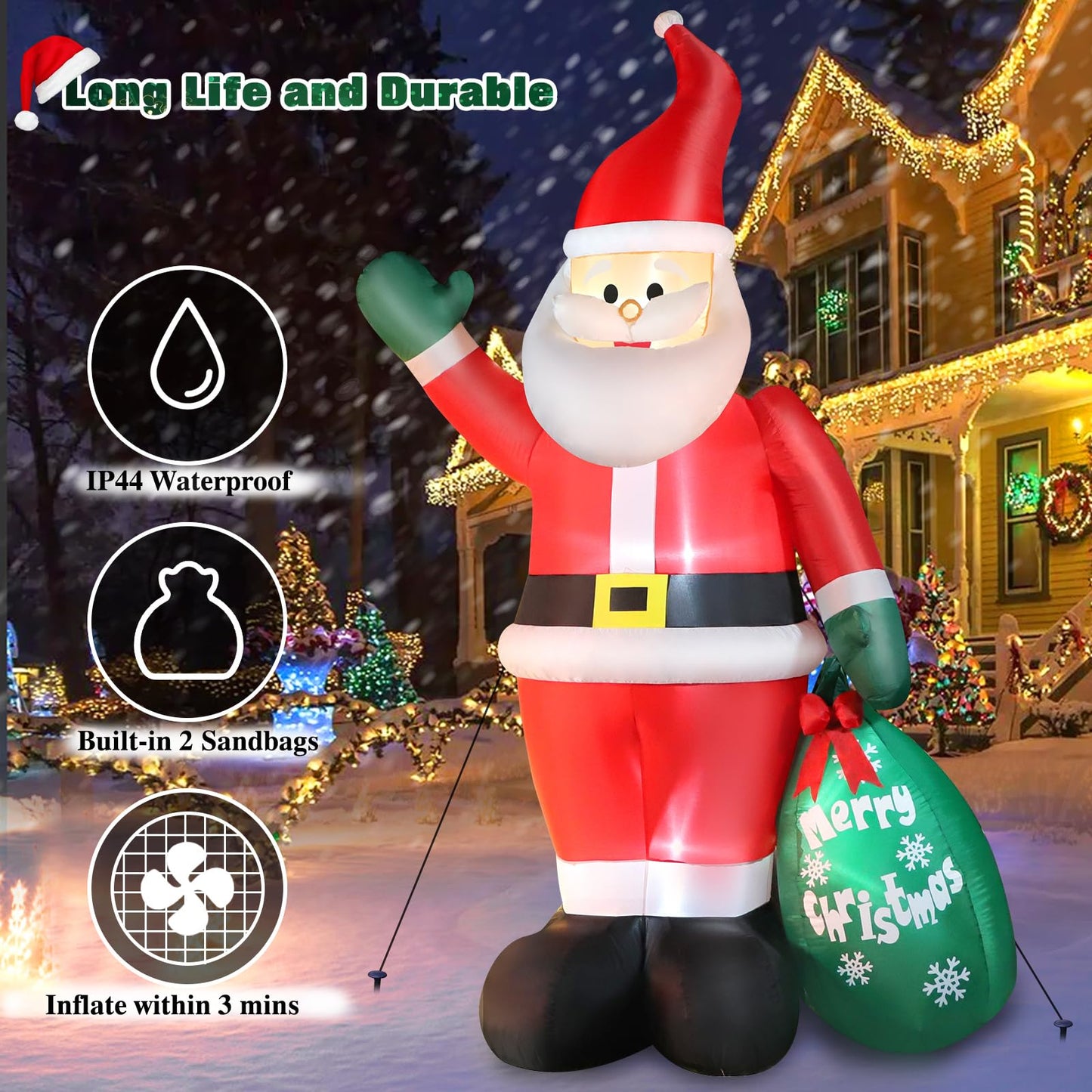 10 FT Christmas Inflatable Santa Claus Outdoor Decor for Yard, Giant Blow up Santa Decoration with Big Gift Bag, Built-in LED Lights for Garden Lawn Home Indoor Winter Holiday Party IP44 Weatherproof