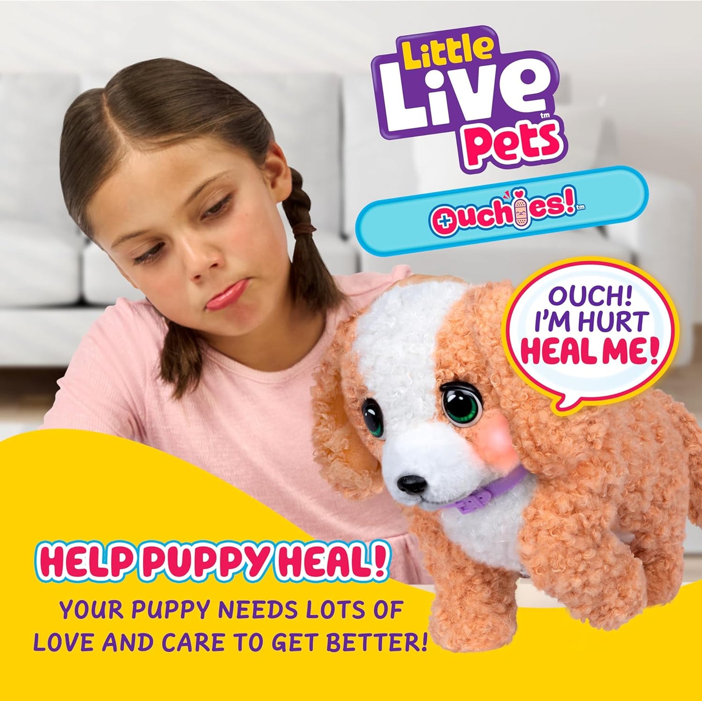 Little Live Pets Ouchies Amazon Exclusive Hazel The Poodle Plush, 50+ Sounds, Limping to Walking Puppy Toy & Carrier, Interactive Toy Dog for Kids 5+