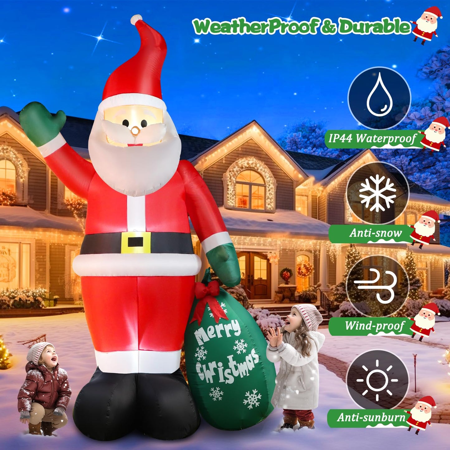 10 FT Christmas Inflatable Santa Claus Outdoor Decor for Yard, Giant Blow up Santa Decoration with Big Gift Bag, Built-in LED Lights for Garden Lawn Home Indoor Winter Holiday Party IP44 Weatherproof