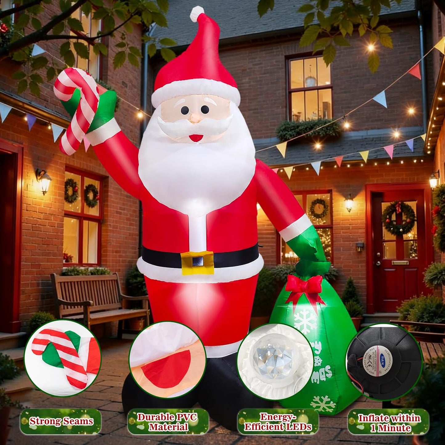 Giant 8ft Santa Claus Inflatable Yard Decoration, Outdoor Christmas Blow Up Figure with LED Lights for Holiday Lawn Decor