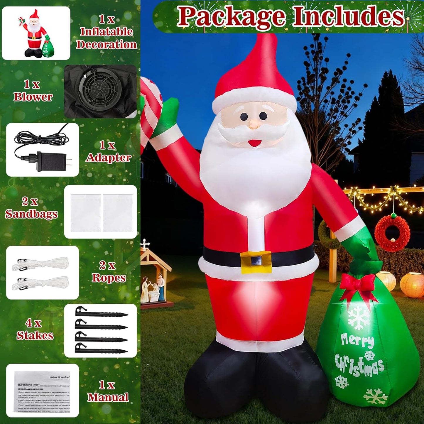 Giant 8ft Santa Claus Inflatable Yard Decoration, Outdoor Christmas Blow Up Figure with LED Lights for Holiday Lawn Decor