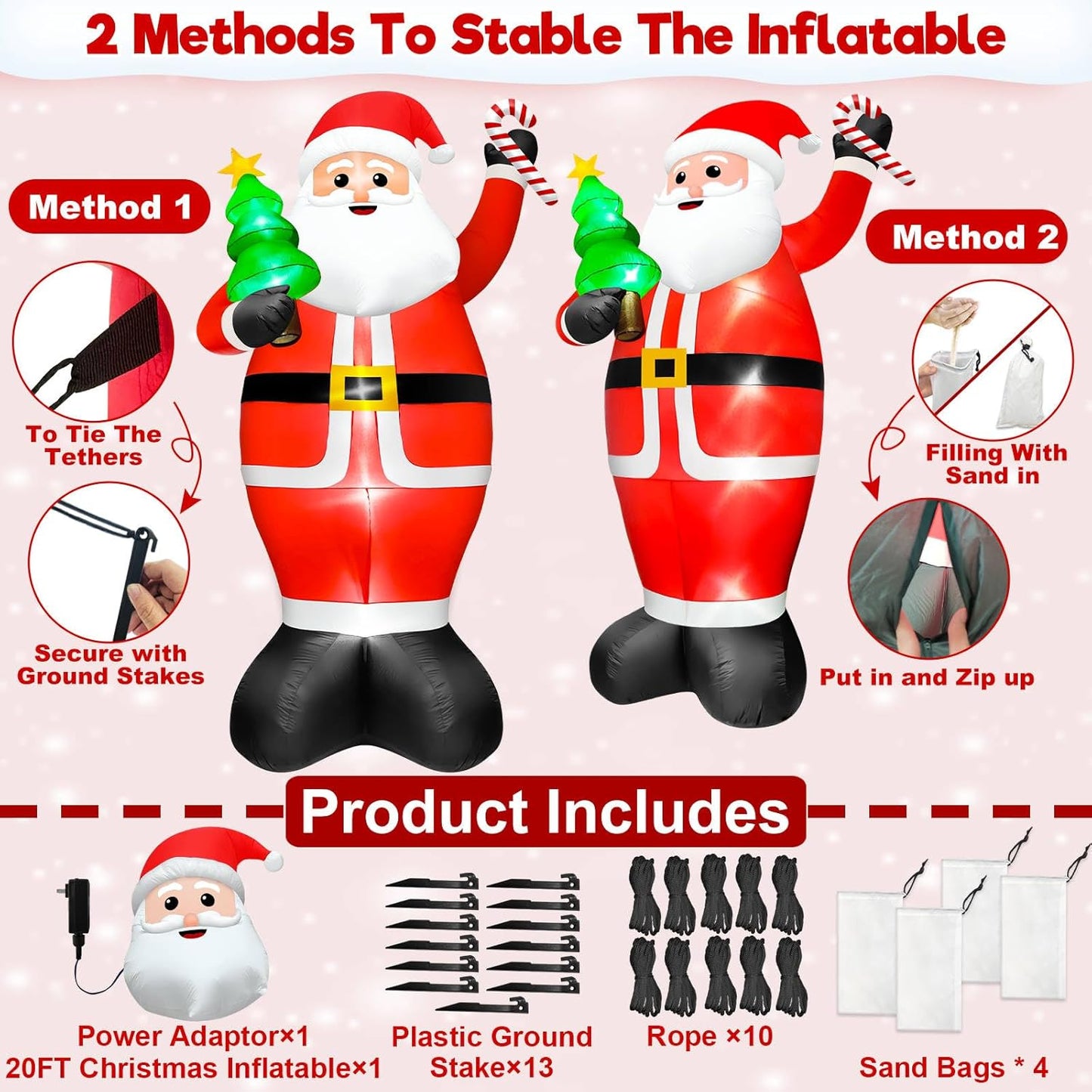 Super Giant 20FT Christmas Inflatable Santa Claus Holding Xmas Tree and Cane, Blow Up Outdoor Christmas Decorations with 8 LED Lights for Yard Lawn Party Holiday Decor