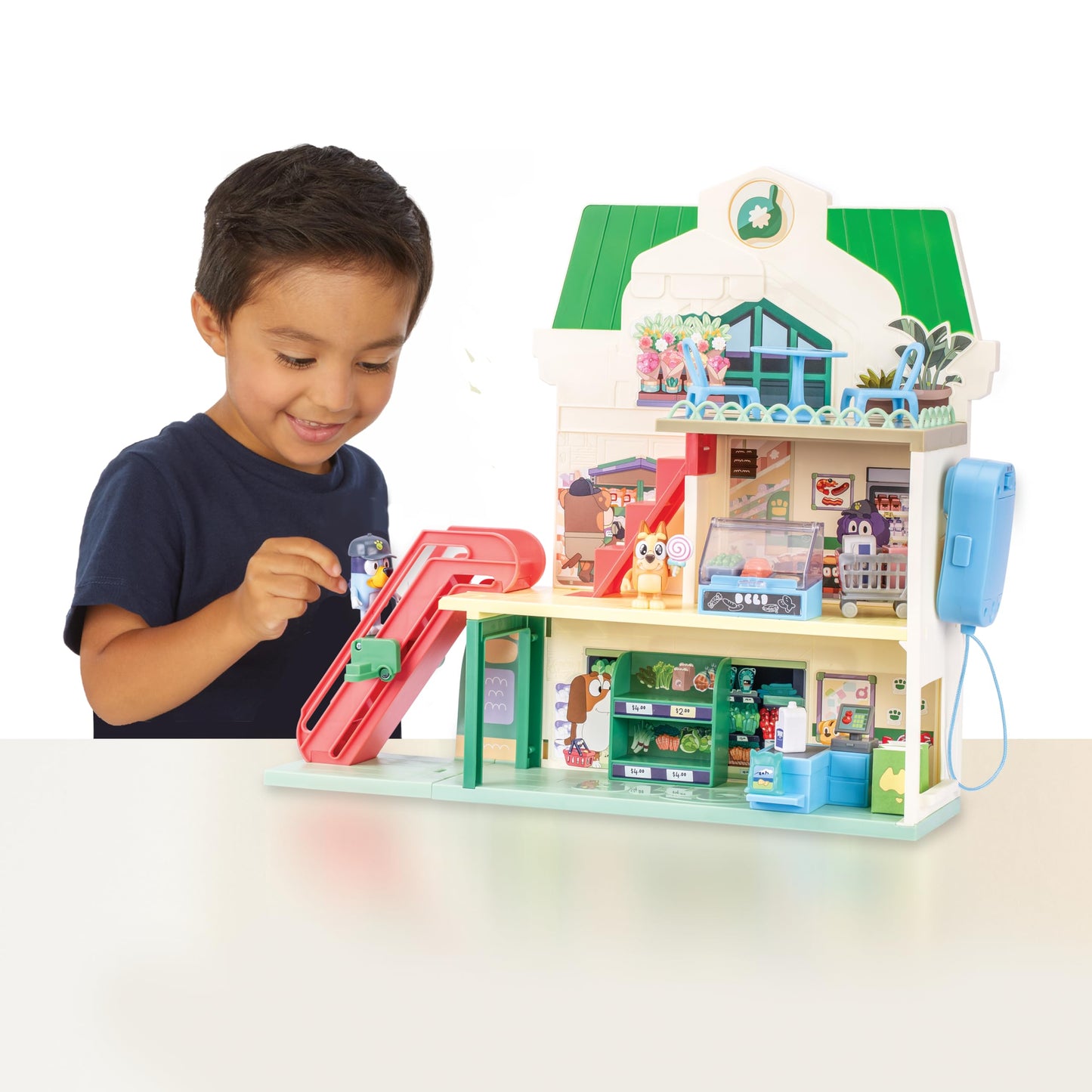 Bluey and Bingo Supermarket Playset with Escalator, Pretend Play Toys for Toddlers, Sounds and 15 Pieces, Grocery Store Playset