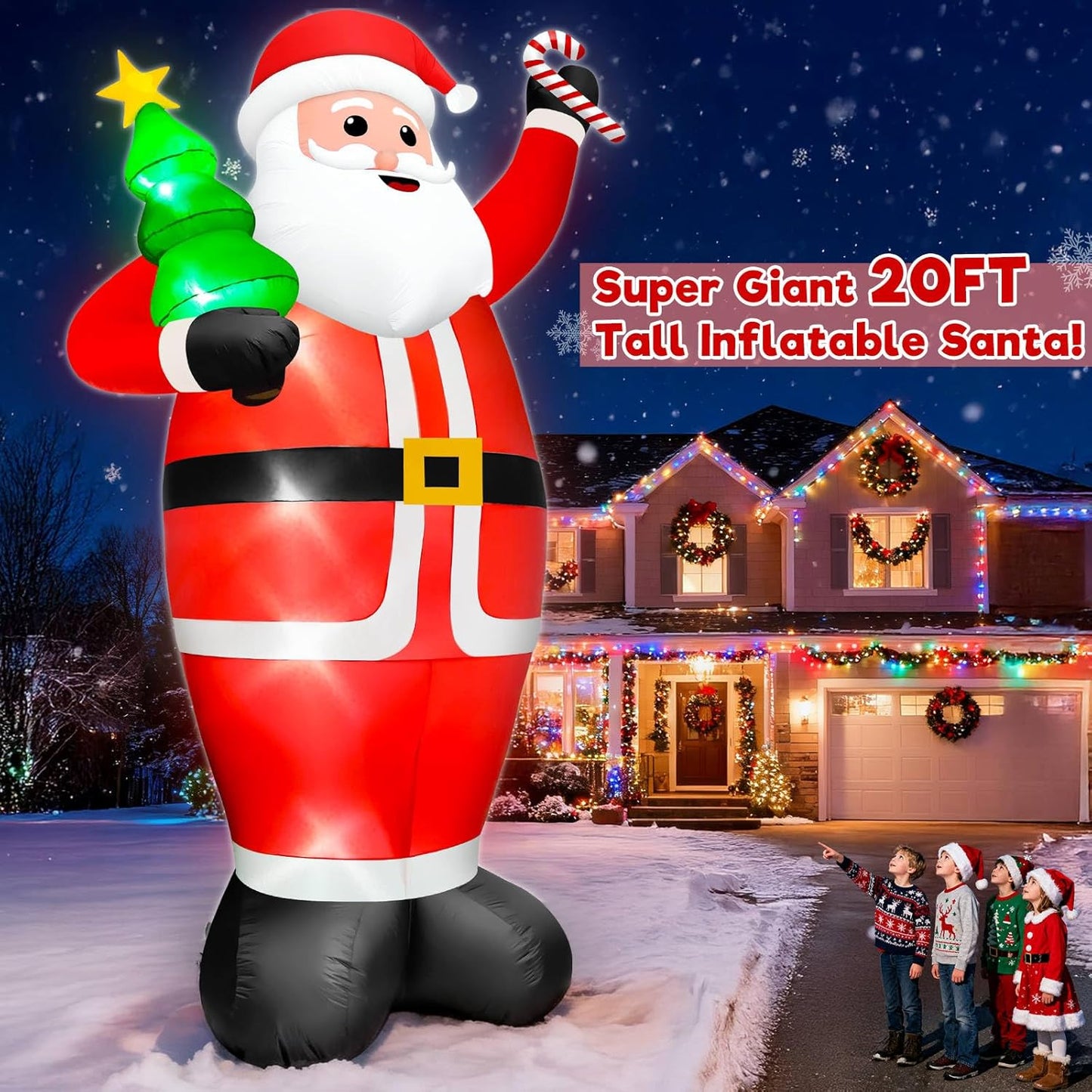 Super Giant 20FT Christmas Inflatable Santa Claus Holding Xmas Tree and Cane, Blow Up Outdoor Christmas Decorations with 8 LED Lights for Yard Lawn Party Holiday Decor