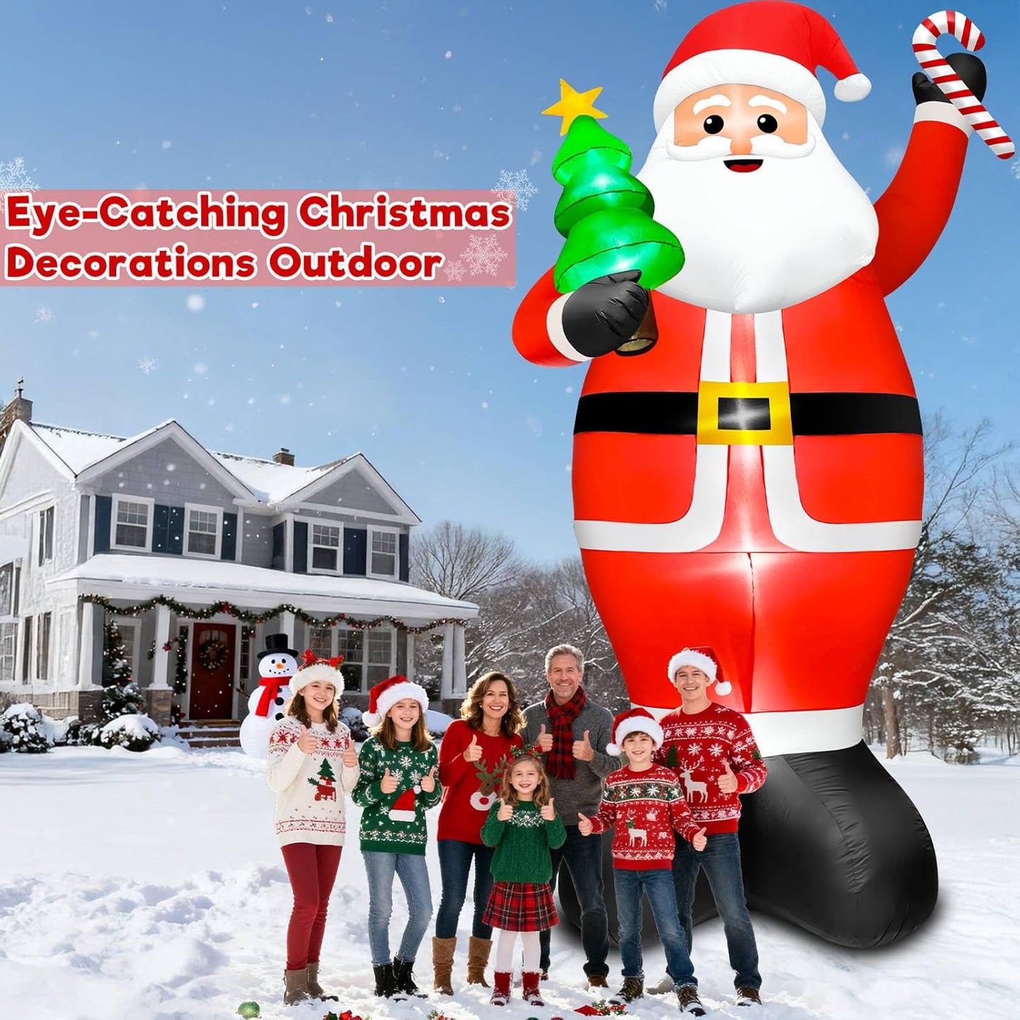 Super Giant 20FT Christmas Inflatable Santa Claus Holding Xmas Tree and Cane, Blow Up Outdoor Christmas Decorations with 8 LED Lights for Yard Lawn Party Holiday Decor