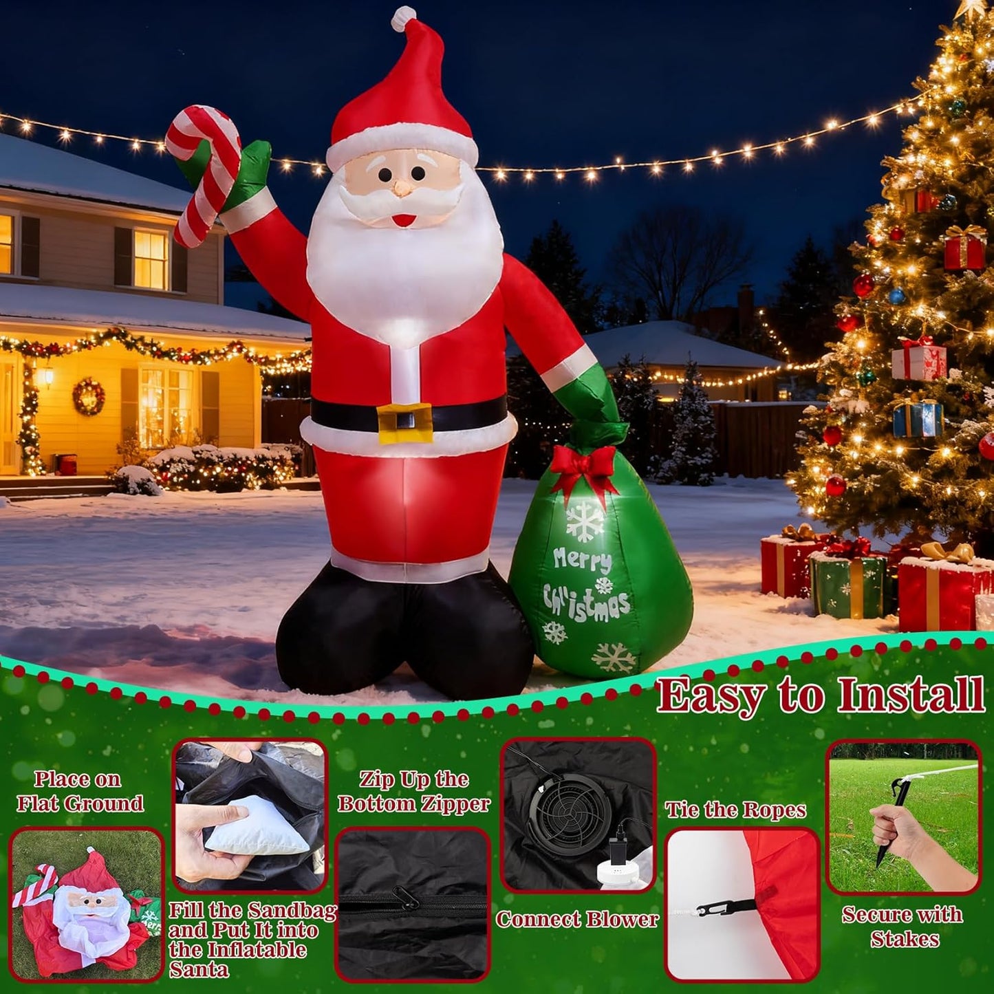 Giant 8ft Santa Claus Inflatable Yard Decoration, Outdoor Christmas Blow Up Figure with LED Lights for Holiday Lawn Decor
