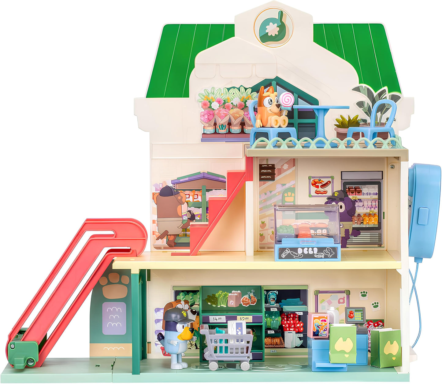 Bluey and Bingo Supermarket Playset with Escalator, Pretend Play Toys for Toddlers, Sounds and 15 Pieces, Grocery Store Playset