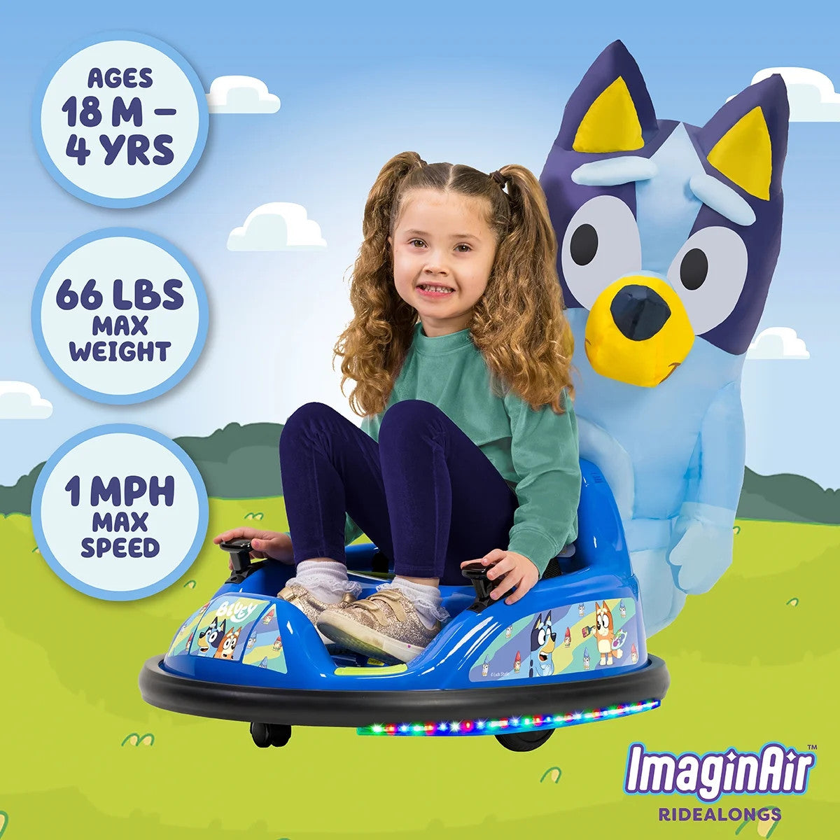 Bluey 6V ImaginAir kids Ride-On Bumper Car with Inflatable Character