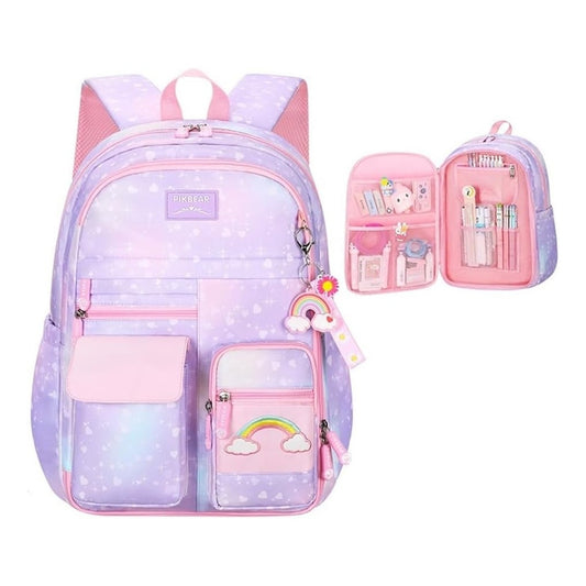 Heart Star Print Purple Girls Backpack with Chest Buckle and Multi-Pockets